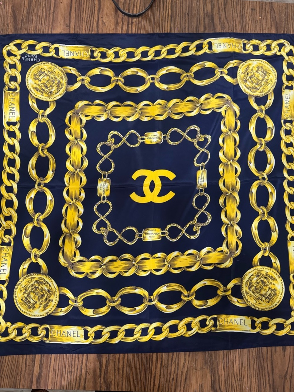 Navy & Gold Chain Print Silk Scarf Luxury Style Square Scarf